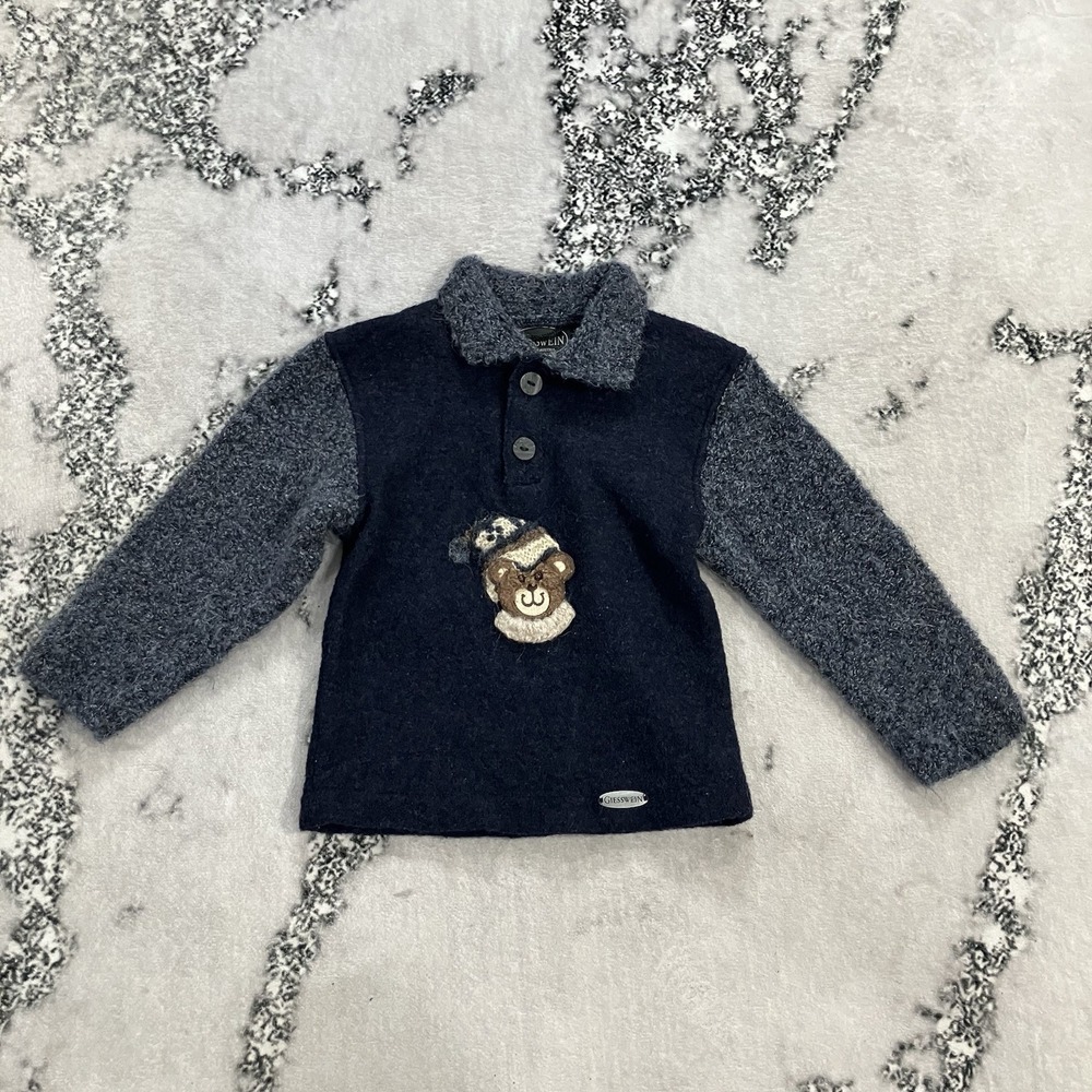 Giesswein Wool Sweater Kids 104 4T Made in Austria Bear Applique Boiled Wool